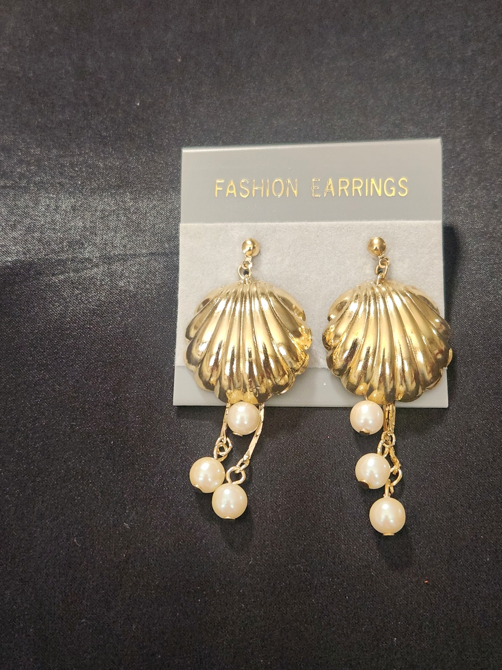 Gold Shell Drop Earrings with Pearl Dangles -